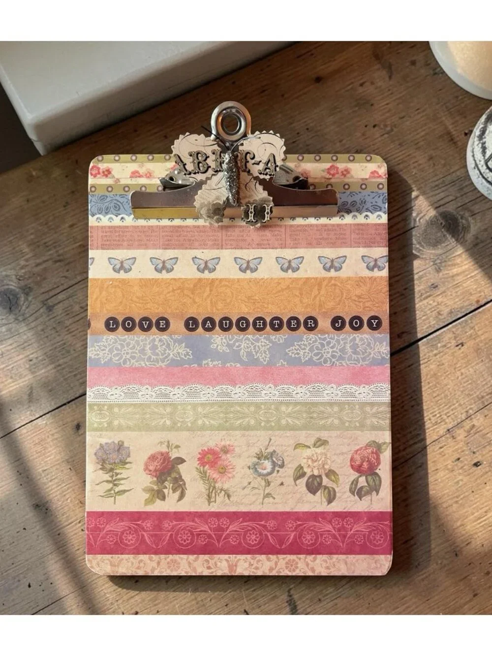 Handcrafted CLIPBOARD Upcycled Decopage Butterfly LOVE LAUGHER JOY 12 x 9